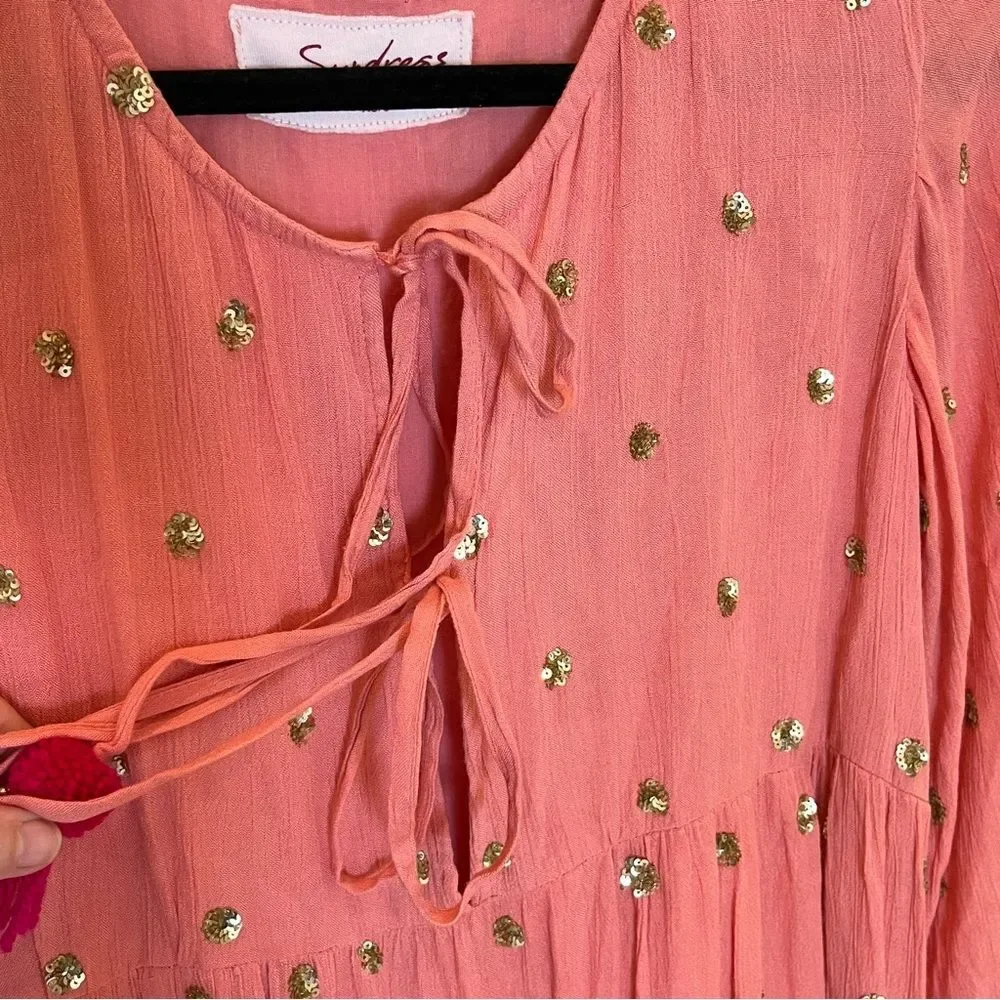 Sundress Neo Long Embellished Tiered Long Sleeve Maxi Dress in Coral size XS/S
